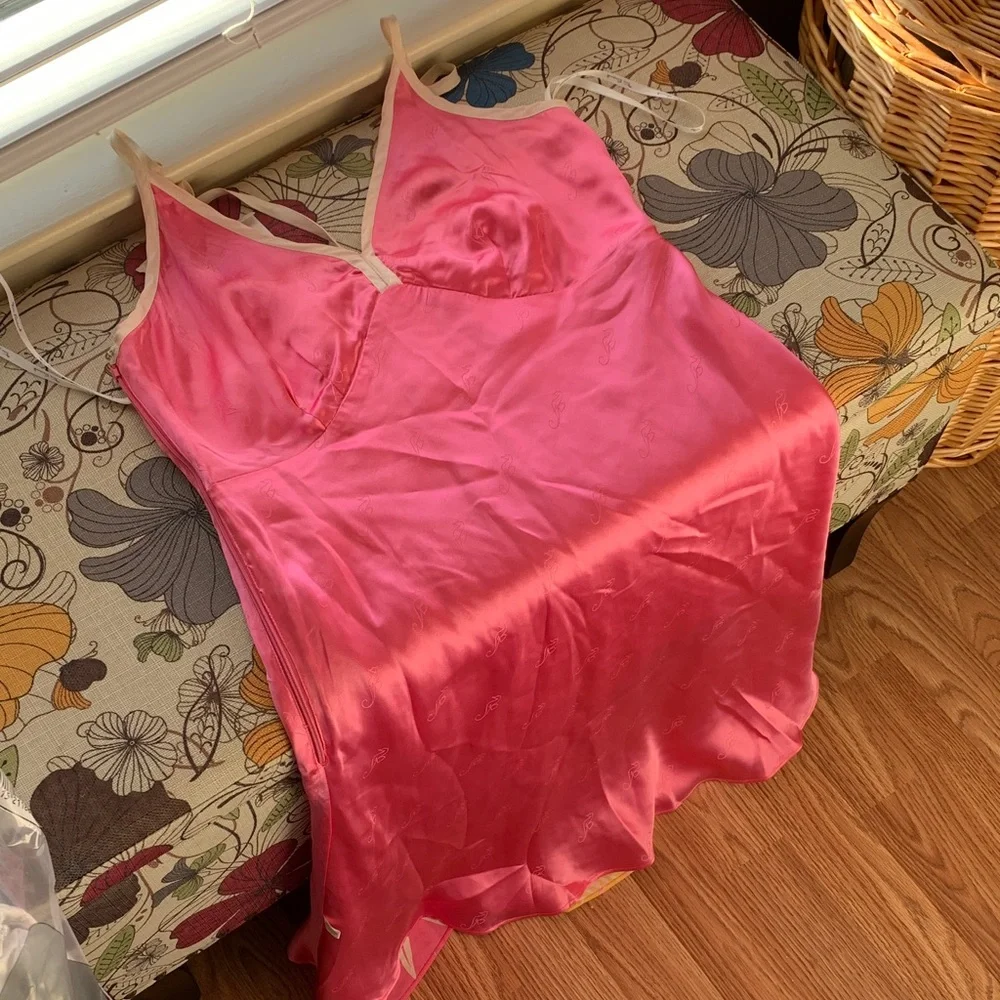 Tori Richard Pink 100 silk spaghetti strap dress with Cream Accents - Picture 13 of 17